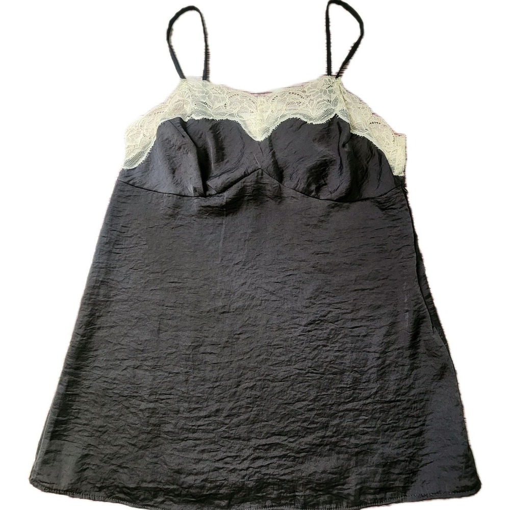 Y2K Vintage Charlotte Russe Black Silky Babydoll Tank Medium White Lace Side Zip